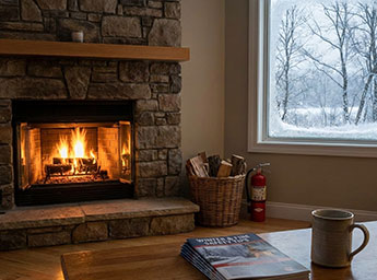 fireplace with window to snowy scene